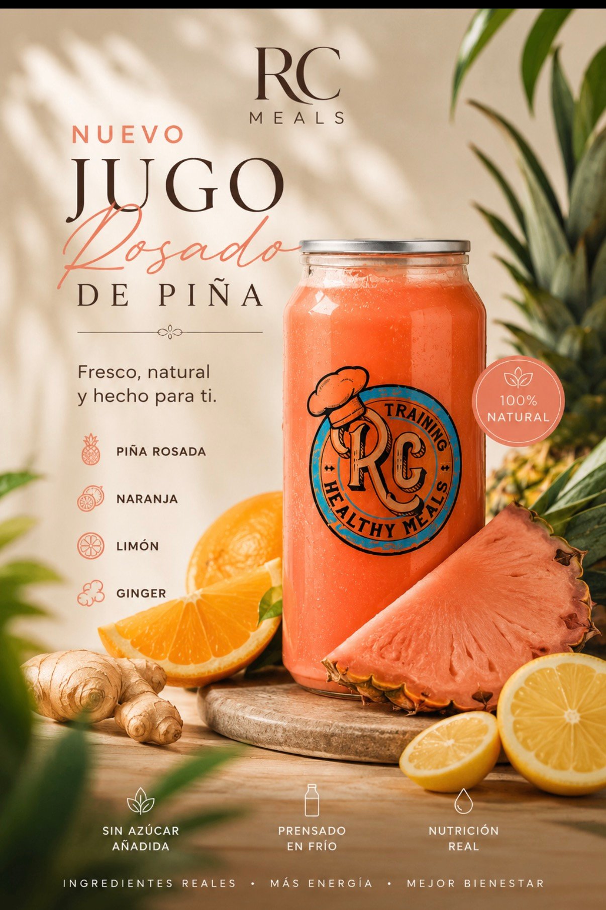 RC Meals Pink Pineapple juice jar with fresh fruit