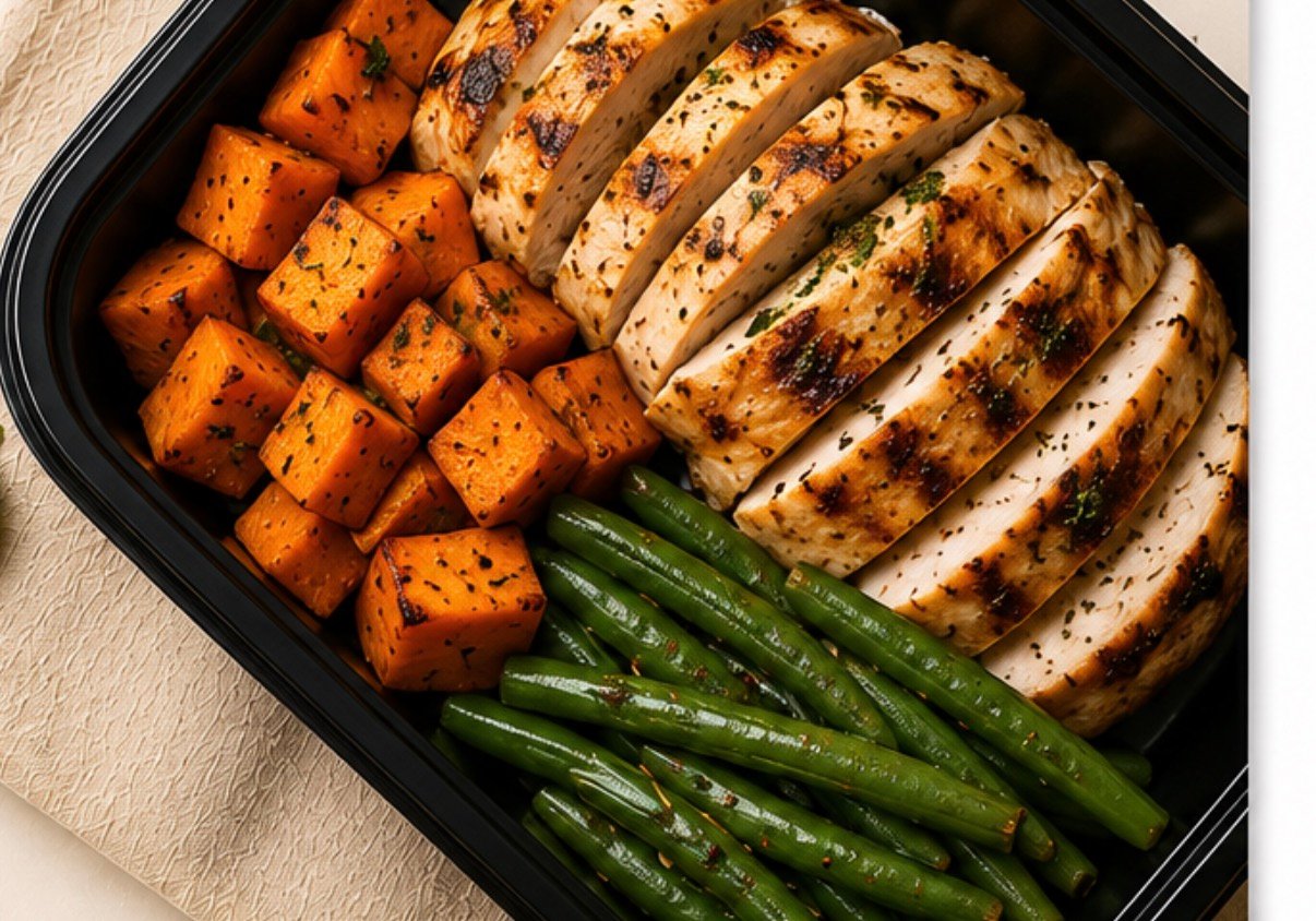 RC Meals grilled chicken bowl with sweet potato and green beans